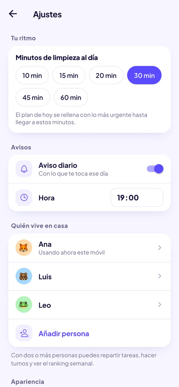 Ajustes: minutos de limpieza al día, aviso diario y miembros de la casa