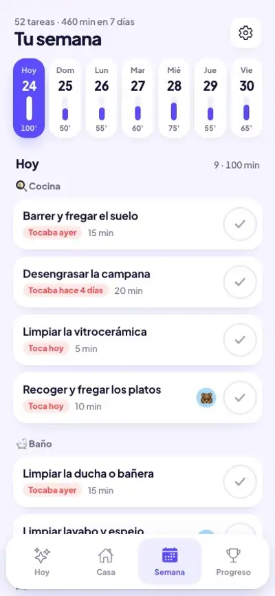 Animación: recorrer el calendario de limpieza semanal día a día con los minutos de cada jornada