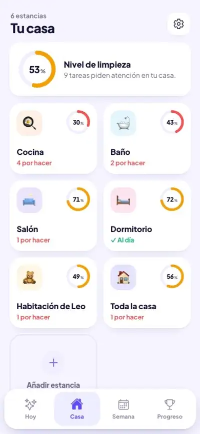 Animación: abrir la cocina, ver el nivel de limpieza de cada tarea y posponer una tarea tres días