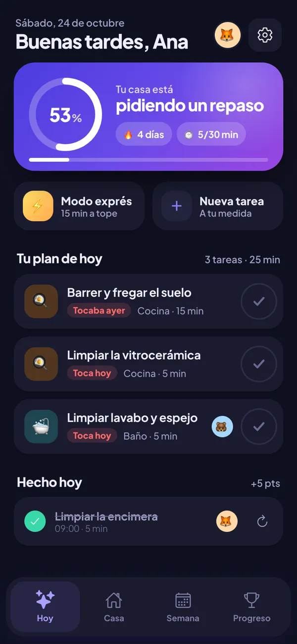 Casa al Día en modo oscuro: plan de limpieza de hoy