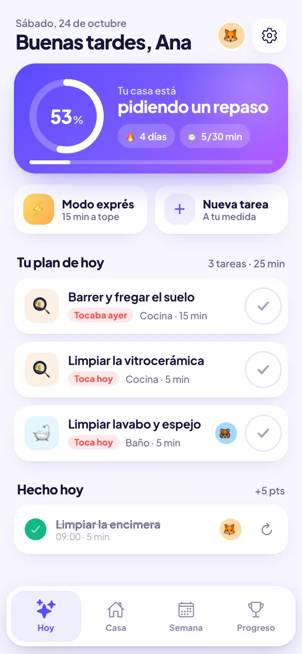 Pantalla Hoy de Casa al Día: nivel de limpieza de la casa, racha de días y plan de limpieza con las tareas del hogar que tocan hoy