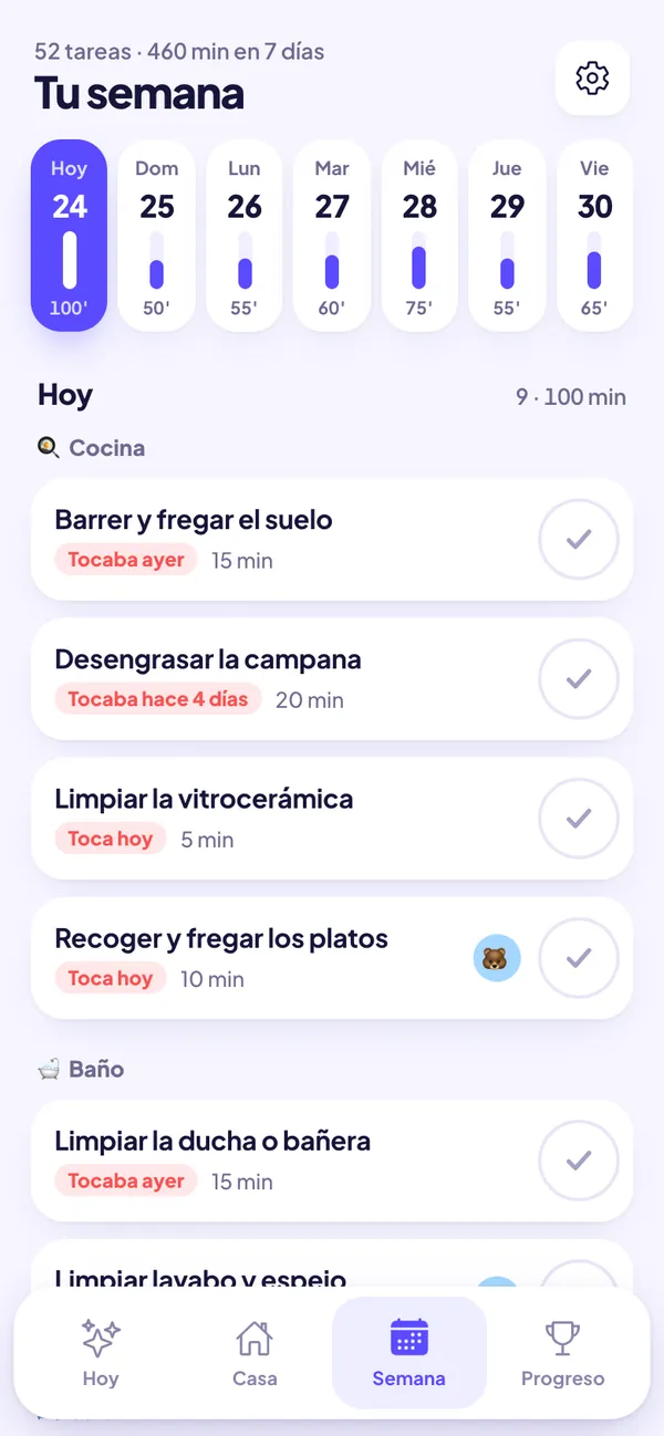 Calendario de limpieza semanal con minutos por día y tareas agrupadas por estancia