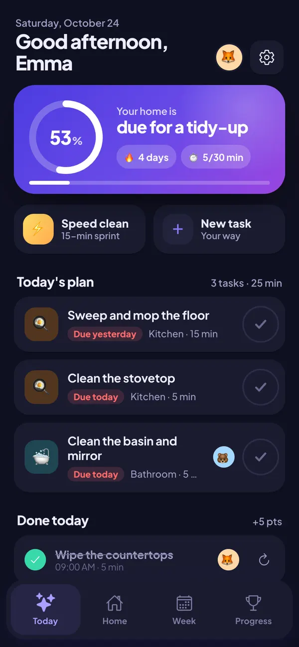 Casa al Día in dark mode: today's cleaning plan