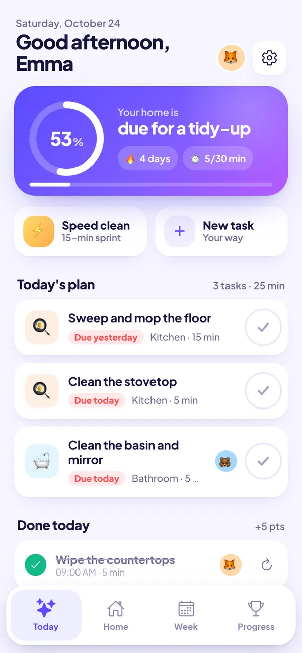 Casa al Día Today screen: home cleanliness level, streak and today's cleaning plan with the chores that are due