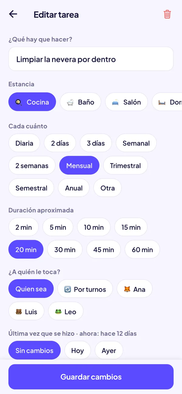 Editor de tarea: estancia, frecuencia, duración, a quién le toca y última vez que se hizo