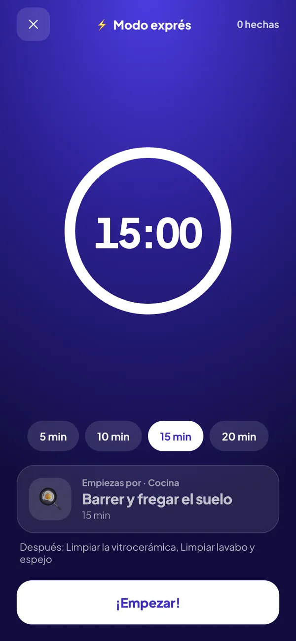 Pantalla del modo exprés con cuenta atrás de 15 minutos y la primera tarea de la cola