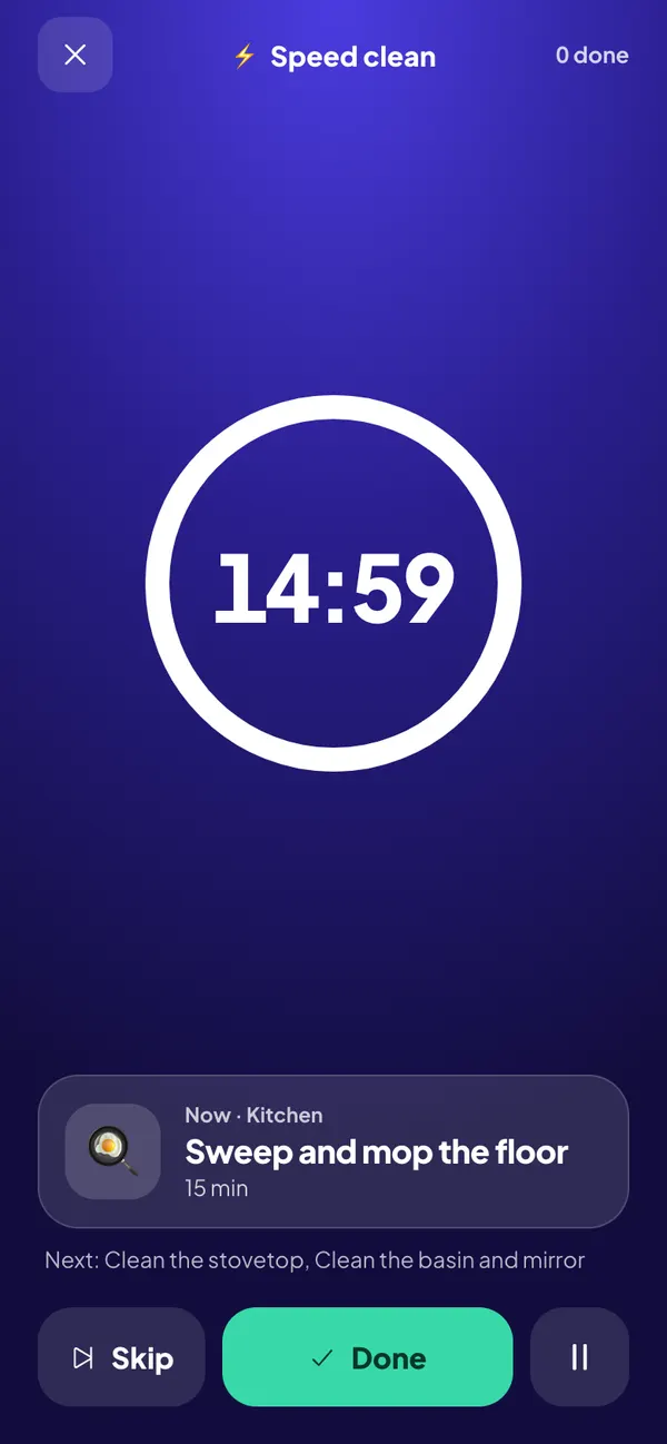Speed clean mode: 15-minute countdown with the current chore and the next ones