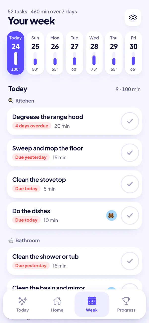 Weekly cleaning calendar with minutes per day and chores grouped by room